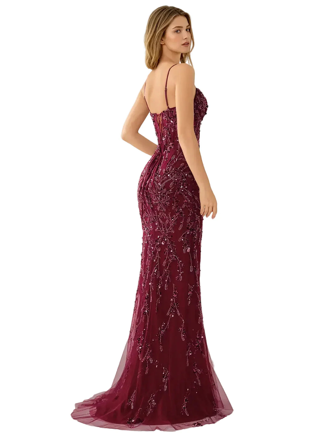 Burgundy evening gown with sequin details on a white background