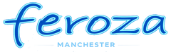 The logo for Feroza Manchester, featuring the word 'feroza' in a stylized blue cursive font with a light blue outline, and 'MANCHESTER' in smaller, plain light blue text underneath, all centered on a solid white background.