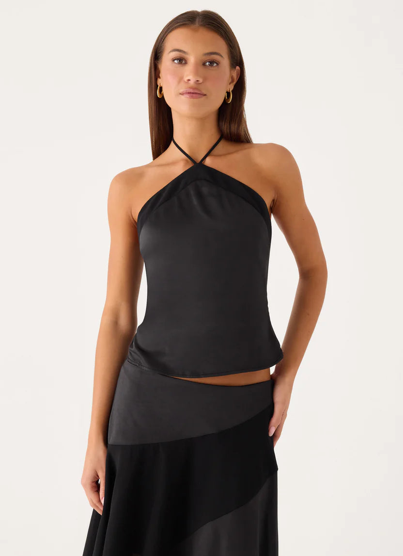 Black Satin Halter Neck Top