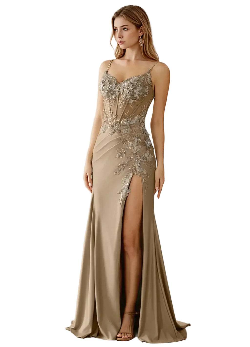 Woman wearing a glamorous evening gown with intricate detailing on a plain background